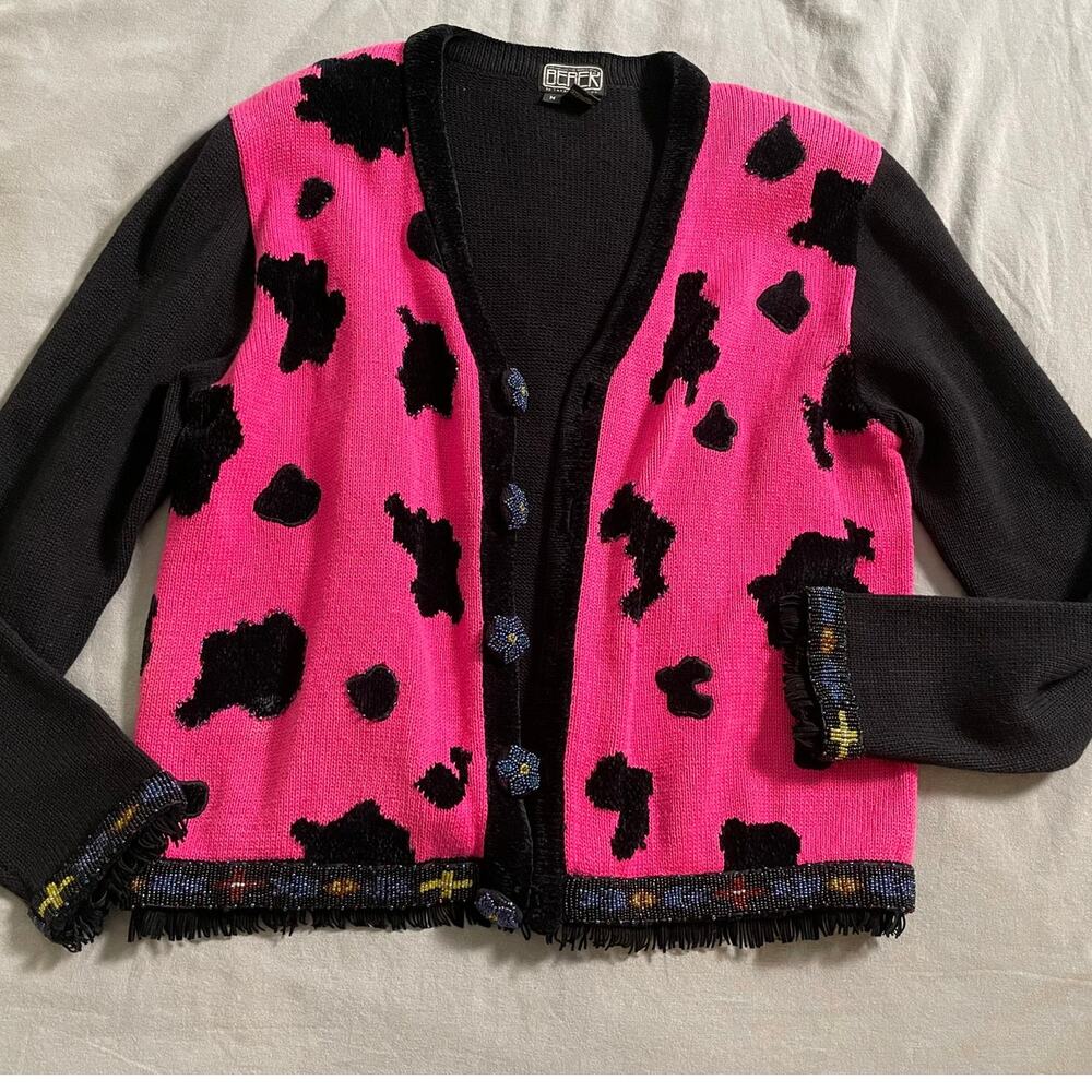 VTG. Pink and Black Cow print "... Works of Berek" Cardigan SZ M